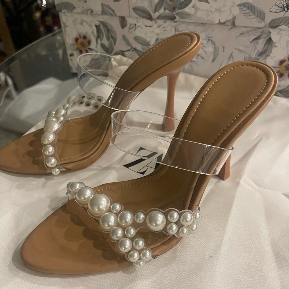 Clear pearl embellished Zara heels, this season, worn once for bridal shower